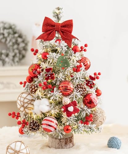 EXQUILEG Künstlicher Mini Weihnachtsbaum, 45cm/60cm Tischplatte Weihnachtsbaum, Kleiner Tannenbaum Für Tisch Mit LED-Lichterketten Und Sieben Dekorationen (Rot,60cm) von EXQUILEG