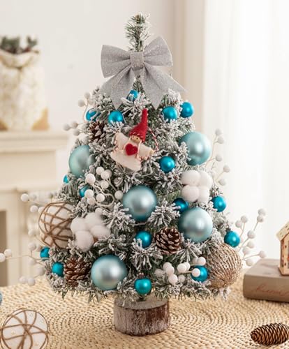 EXQUILEG Künstlicher Mini Weihnachtsbaum, 45cm/60cm Tischplatte Weihnachtsbaum, Kleiner Tannenbaum Für Tisch Mit LED-Lichterketten Und Sieben Dekorationen (blau,60cm) von EXQUILEG