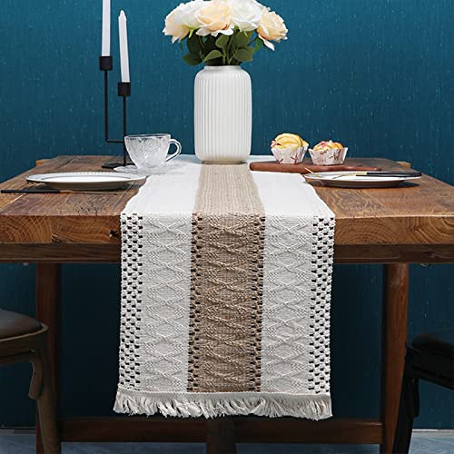 EXQUILEG Makramee Tischläufer Baumwollflachs Tischläufer mit handgefertigten Quasten,Tischkollektion für Landhausstil Tischdecke Tabletop Dekor Picknick Party Küche Hochzeit (A,30 * 140cm) von EXQUILEG