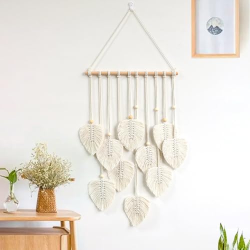EXQUILEG Makramee Wandbehang Handgemacht Wohnungs Dekorationen Boho Makramee Wandteppich Gewebte Wandbehang Blatt Feder Wanddeko (Beige) von EXQUILEG