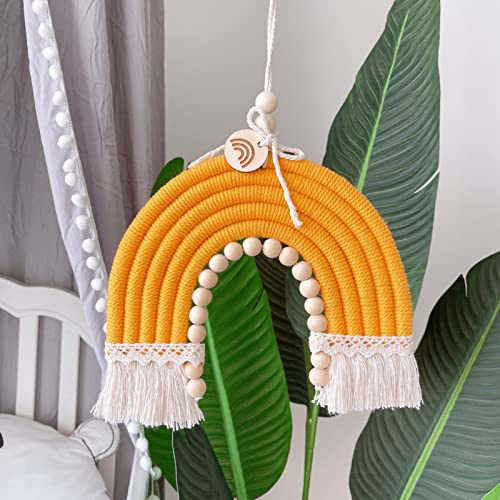 EXQUILEG Regenbogen Makramee Woven Wandbehang Wanddeko mit Pompon und Quaste, Boho Handgefertigte Wandteppich Wandbehang Für Kindergeburtstag Deko, Partyzubehör, Wanddeko Kinderzimmer (Gelb) von EXQUILEG