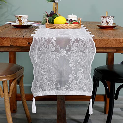 EXQUILEG Tischläufer Weiße Spitze – Vintage-Design Weiß Blumenmuster für rustikale Chic für rustikale Boho Hochzeit Dekor Braut & Baby Dusche Dekoration Vintage Bauernhaus Tabletop Dekor (33 * 160cm) von EXQUILEG