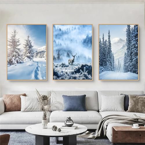 EXQUILEG Winterliche Blau Schneelandschaft, Wälder und Hirsch Leinwand-Wandkunst - 3er Poster Set für Wohnzimmer und Schlafzimmer (50 x 70 cm) von EXQUILEG