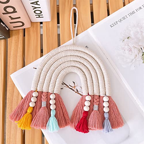 EXQUILEG Woven Makramee Regenbogen Wandbehang Boho Wanddekoration Handgewebte Tapisserie Mit Quaste Für Deko Kinderzimmer 28x18cm (A) von EXQUILEG