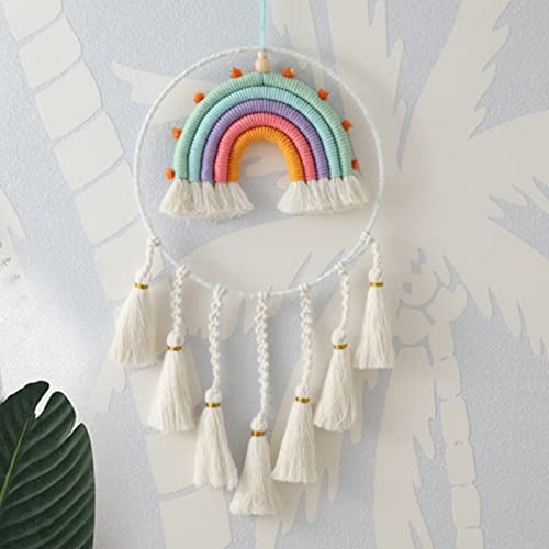 Regenbogen Makramee Wanddekoration, Handgewebte Makramee Regenbogen Wanddeko mit Ball Boho Für Kinderschlafsaal Deko Bohomian babyzimme (Stile E) von EXQUILEG