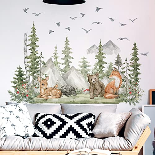 Wandtattoo Waldtiere Baum Wandaufkleber Bär Fuchs Hirsch Wandsticker für Babyzimmer Kinderzimmer Schlafzimmer Wanddeko (A) von EXQUILEG