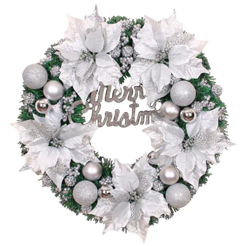 Weihnachten Deko Türkranz, 30-80cm Weihnachtskranz Blume Und Weihnachtskugeln Willkommensschild, Rattan Girlanden Kranz Dekorationen Für Wand, Haustür, Fenster, Kamin, Hochzeitsfeier (Silber,60CM) von EXQUILEG