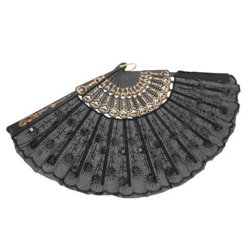 EXQUIMEUBLE Lace Folding Fan Mit Funkelnden Pailletten Eleganter Handfächer Für Festivals Hochzeiten Tanzpartys Und Retro-Events Chinesischer Stil Schwarz Mit Bestickten Details von EXQUIMEUBLE