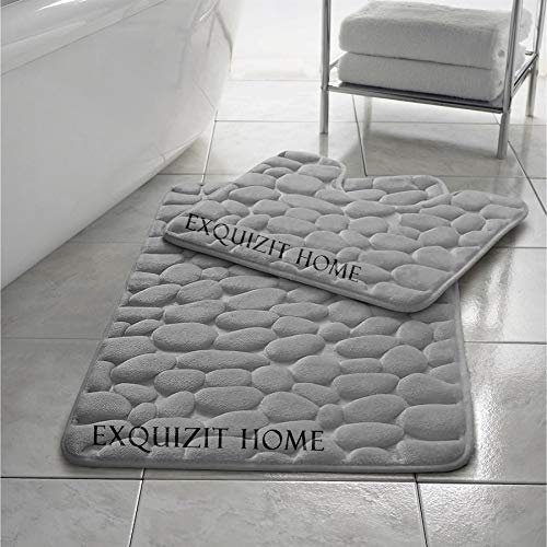 EXQUIZIT HOME Pebble Badematten-Set, Memory-Schaum, WC-Set, Badezimmerteppich, 2-teilig, weich, saugfähig, rutschfest, silberfarben, Badematte (50 cm x 80 cm) und WC-Vorleger (50 cm x 40 cm) von EXQUIZIT HOME