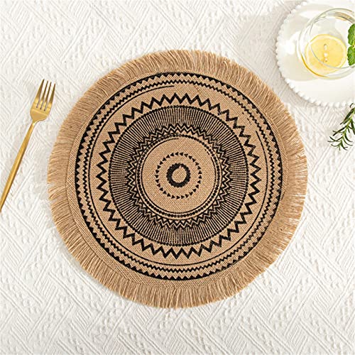 4er-Set Runde Platzsets, Mandala Boho Tischsets mit Quaste, Rustikale Jute Platzset für Esszimmer, Küche, Tischdekoration (D,4 Stück) von EXQULEG