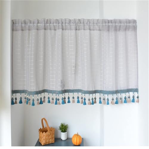 EXQULEG 1 Stück Landhausstil Scheibengardine Vintage Leinen Vorhänge Retro Spitze Kurzstores Halbtransparente Kurzgardine mit Quaste Romantische Weiße Bistrogardine (Grau,H45 x B145cm) von EXQULEG