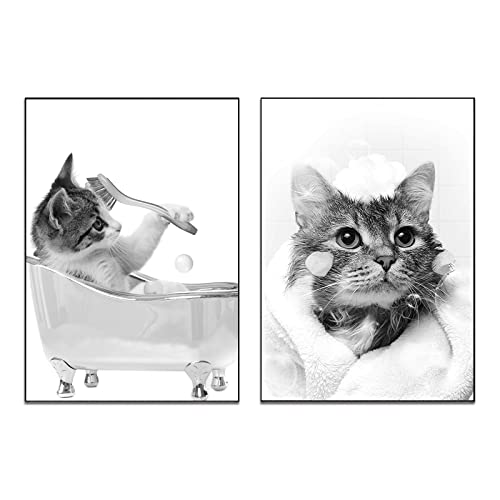 EXQULEG 2 Stück Badezimmer Bilder, Katze in der Badewanne Bilder, Poster Schwarz Weiß Wandbilder, Lustig Tier Schwarz Weiß Wand Kunst Drucke, Ohne Rahmen (21x30cm) von EXQULEG