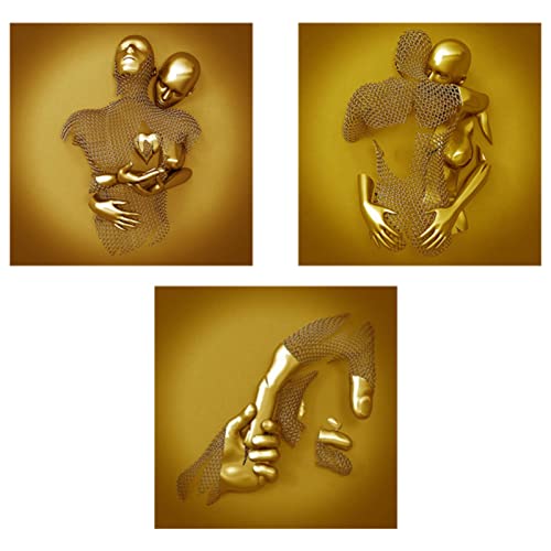 EXQULEG 3er Kunst Modern Poster Set - 3D Gold Metallfigur Statue Kunst Liebe Herz Kuss Bilder Wandkunst Deko - Ohne Rahmen - Wanddeko Wand Wohnzimmer Wanddekoration Deko (7+9+10,30X40cm) von EXQULEG