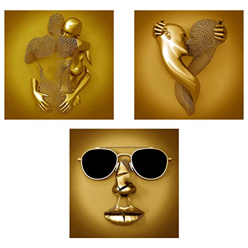 EXQULEG 3er Kunst Modern Poster Set - 3D Gold Metallfigur Statue Kunst Liebe Herz Kuss Bilder Wandkunst Deko - Ohne Rahmen - Wanddeko Wand Wohnzimmer Wanddekoration Deko (8+9+11,30X40cm) von EXQULEG