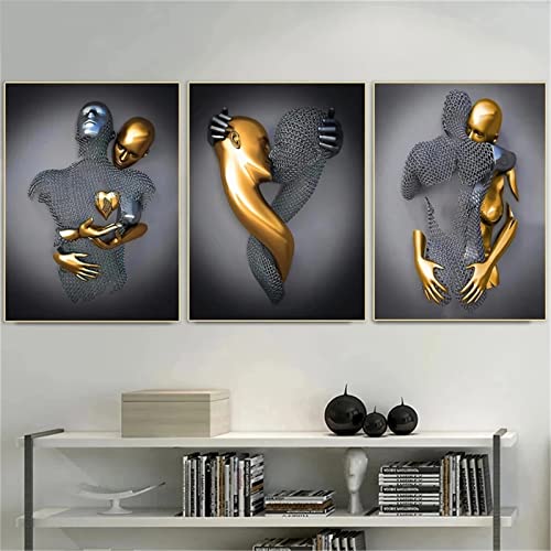 EXQULEG 3er Kunst Modern Poster Set - 3D Grau Gold Metallfigur Statue Kunst Liebe Herz Umarmungen Kuss Bilder Wandkunst Deko - Ohne Rahmen - Wanddeko Wand Wohnzimmer Wanddekoration Deko (50x70cm) von EXQULEG