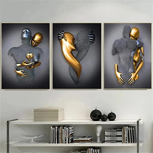 EXQULEG 3er Kunst Modern Poster Set - 3D Grau Gold Metallfigur Statue Kunst Liebe Herz Umarmungen Kuss Bilder Wandkunst Deko - Ohne Rahmen - Wanddeko Wand Wohnzimmer Wanddekoration Deko (50x70cm) von EXQULEG