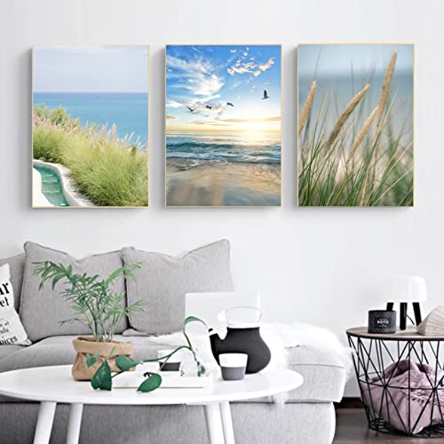 EXQULEG 3er Poster Set, Moderne Bilder OHNE Rahmen, Poster Pampasgras, Strand, Meer Wandbilder für Wanddeko Wohnzimmer & Schlafzimmer (30x40cm) von EXQULEG