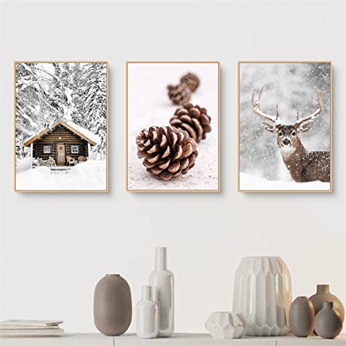 EXQULEG 3er Poster Set, Wandkunst Elch Holzhaus Winter-Schneelandschaft Bilder, ohne Rahmen Modern Weihnachtsdekoration Wandbilder Wohnzimmer Deko Schlafzimmer (21x30cm) von EXQULEG