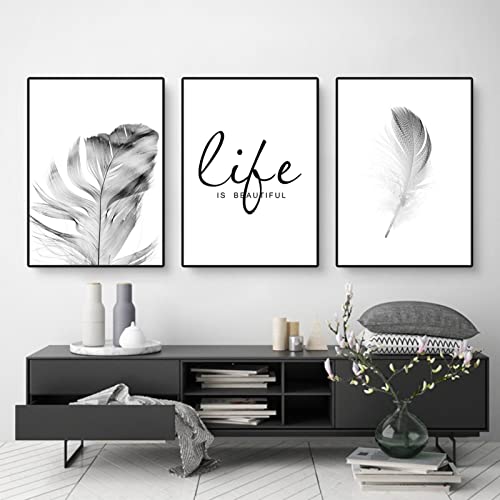 EXQULEG 3er Poster Set Modern Schwarz Weiß Abstrakte Feder Leinwandbilder Wandbilder, Bilder Set Kunstdrucke Wandposter für Wohnzimmer, Ohne Rahmen (40x50cm) von EXQULEG