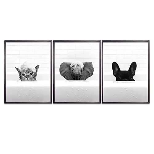 EXQULEG 3er Poster Set Tier Schwarz Weiß, Tier In Der Badewanne Wand Kunst Drucke,Leinwand Bilder Schwarz Weiß Badezimmer Bilder Poster Minimalistische Wohnkultur - Ohne Rahmen (A,30x40cm) von EXQULEG