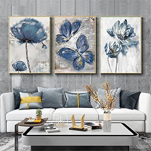 EXQULEG 3er Premium Poster Set, Blau Blumen Schmetterling Leinwandbilder Wandbilder, Aesthetic Bilder, Stilvolle Kunstdrucke für Wohnzimmer Deko (30x40cm) von EXQULEG