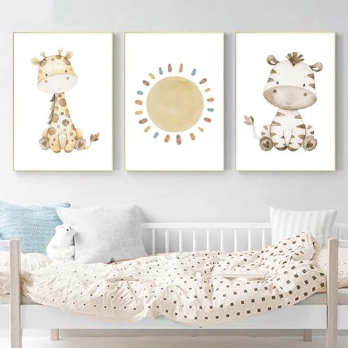 EXQULEG 3er Set Bilder Babyzimmer Deko Junge Mädchen - Poster Ohne Rahmen Tiere Regenbogen Sonne Wandbilder Wanddeko für Babyzimmer Wohnzimmer (A3 30x42cm,A) von EXQULEG