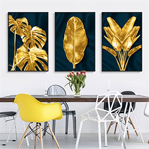 EXQULEG 3er Set Botanik Goldene Blätter Wandbilder, Modern Design-Poster Wandbilder,Ohne Rahmen Wandbild Print Bilder Kunstposter Deko für Wohnzimmer (30x40cm) von EXQULEG