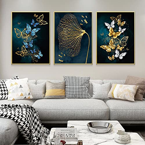 EXQULEG 3er Set Design-Poster Wandbilder,Goldene Schmetterling Blätter Poster Set,Bilder Set Ohne Rahmen,Wanddeko für Wohnzimmer Schlafzimmer (60x80cm) von EXQULEG