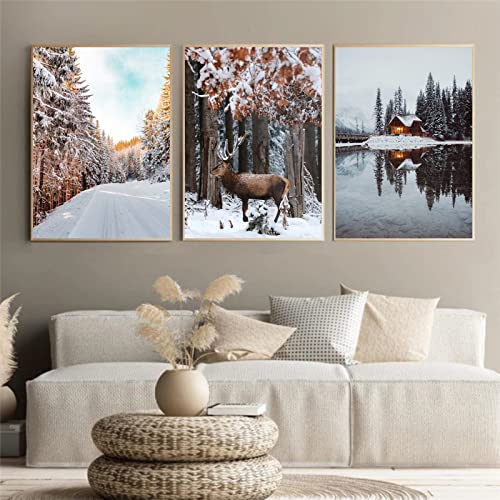 EXQULEG 3er Set Moderne Poster Set,Weihnachten Winter Wälder Schnee Elch Bilder,Weihnachten Poster Ohne Rahmen Deko für Wohnzimmer Schlafzimmer (A,30x40cm) von EXQULEG
