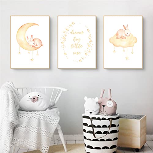 EXQULEG 3er Set Poster Kinderzimmer Kleiner Hase Giraffe Tiere Bilder Babyzimmer Deko Ohne Rahmen, Kinderbilder Tiermotive Poster für Junge Mädchen (B,30x40cm) von EXQULEG