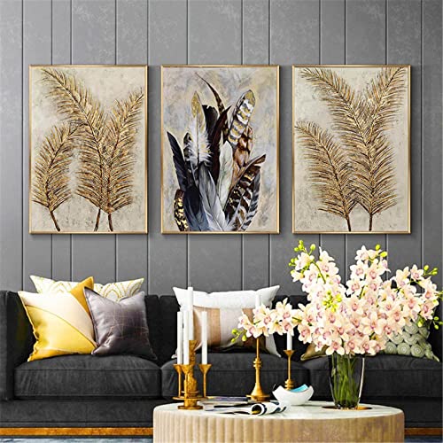 EXQULEG 3er-Set Premium Poster Set,Goldene Blätter Feder Wandbilder,Wandkunst Deko Leinwand Bild Wohnzimmer Schlafzimmer Dekoration ohne Rahmen (30x40cm) von EXQULEG