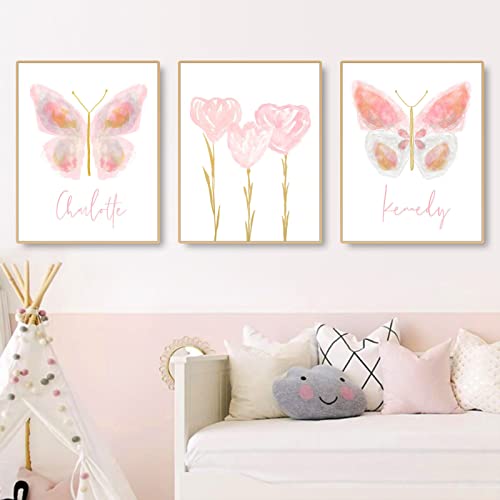 EXQULEG 3er Set Rosa Hase Blumen Schmetterling Poster, DIN A4 Bilder Kinderzimmer Babyzimmer Poster Kinderposter Kinderbilder für Kinder Junge Mädchen (DEF) von EXQULEG