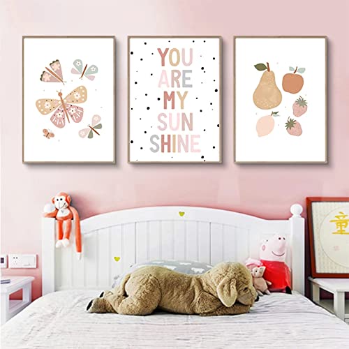 EXQULEG 3er Set Wandbilder Kinderzimmer Babyzimmer Poster,Regenbogen Sonne Wolke Blumen und Schmetterlinge,Bilder DIN A4 Mädchen Jungen Boho Deko Dekoration (DEG) von EXQULEG