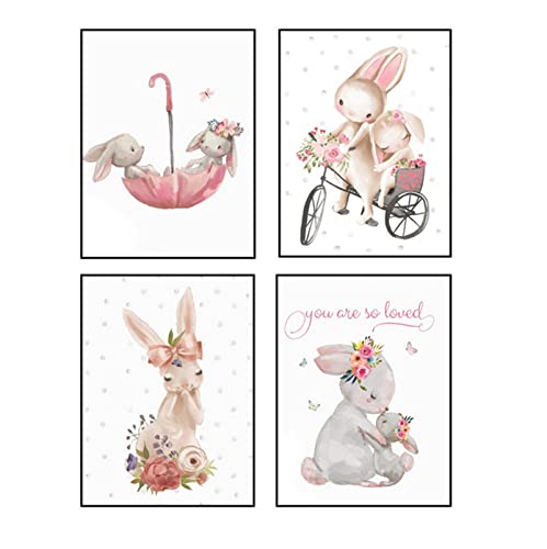 EXQULEG 4er Set Kinder Poster Set Hase Bilder Babyzimmer Kinderzimmer Wandbilder Deko Mädchen Junge | OHNE Bilderrahmen (30 * 40) von EXQULEG