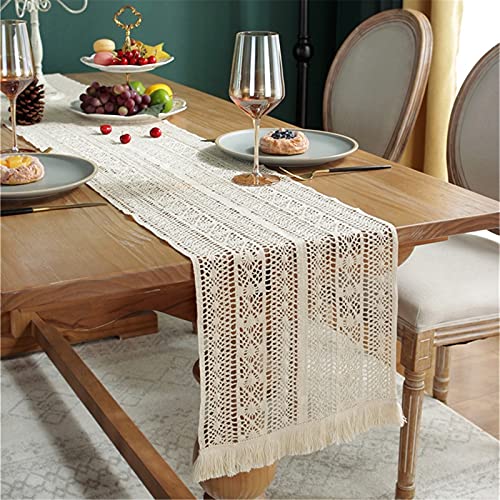 EXQULEG Beige Makramee Boho Tischläufer, Häkelspitze Elegante Hohle Mesh Tischdecke Vintage Tischläufer mit Quasten für Hochzeitsfest Party (B,30x140cm) von EXQULEG