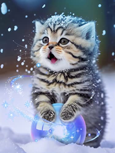 EXQULEG Diamond Painting Katze im Schnee, 5D Diamant Painting Bilder Kinder Erwachsene, DIY Diamant Malerei Kit für Haus,Büro, Wand Und Eingang Dekoration (50 * 70cm) von EXQULEG