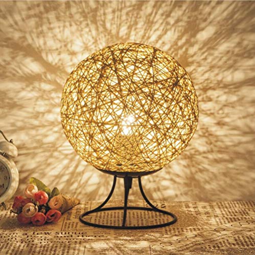 EXQULEG Hanf Ball kleine Tischlampe Schlafzimmer kreative LED Massivholz Schnur Rattan Ball Tisch Lampe Ball kleine Tischlampe USB Nachtlicht (Holzfarbig) von EXQULEG