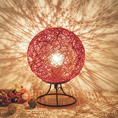 EXQULEG Hanf Ball kleine Tischlampe Schlafzimmer kreative LED Massivholz Schnur Rattan Ball Tisch Lampe Ball kleine Tischlampe USB Nachtlicht (Rot) von EXQULEG