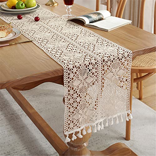 EXQULEG Makramee Boho Tischläufer, Baumwolle Tischläufer mit Quasten, Häkelspitze Elegante Hohle Mesh Tischdecke für Vintage Hochzeit Braut-Esstisch Dekor (30x160 cm) von EXQULEG