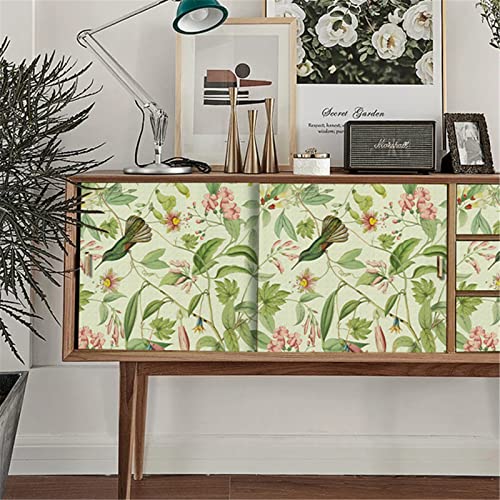 EXQULEG Selbstklebende Möbelfolie Muster Vintage Blume Grün Blätter 45x300 cm PVC Wasserdicht Tapeten für Küche Schränke Dekorfolie (Vögel und Blumen) von EXQULEG