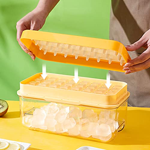 Eiswürfelbehälter mit Deckel Eiswürfelschale Eiswürfelform mit Behälter 32 Ice Cube Trays alle Eiswürfel in Einer Sekunde Freigeben (Gelb,1 Ebenen) von EXQULEG