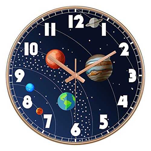 Wanduhr Kinder Lautlos, 30cm, Kinderwanduhr, Astronaut, Rakete, Weltraum Kinderuhr als Lernuhr, Wanduhr mit Ziffernblatt zum Lernen, Kinder Uhr für Jungen und Mädchen (30cm Roségoldener Rahmen,A178) von EXQULEG