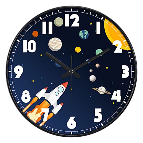 Wanduhr Kinder Lautlos, 30cm, Kinderwanduhr, Astronaut, Rakete, Weltraum Kinderuhr als Lernuhr, Wanduhr mit Ziffernblatt zum Lernen, Kinder Uhr für Jungen und Mädchen (30cm Schwarzer Rahmen,A179) von EXQULEG