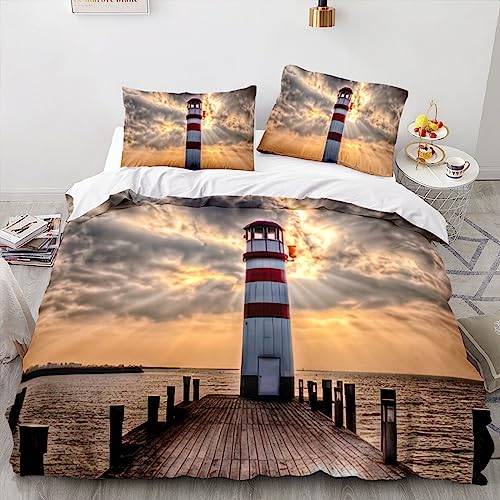 EXSANLIEAY Bettwäsche 220x200 Das Meer Bettbezug Weich Mikrofaser Leuchtturm Bettwäsche-Sets mit Reißverschluss und 2 Kissenbezüge 80x80 für Mann und Frau von EXSANLIEAY