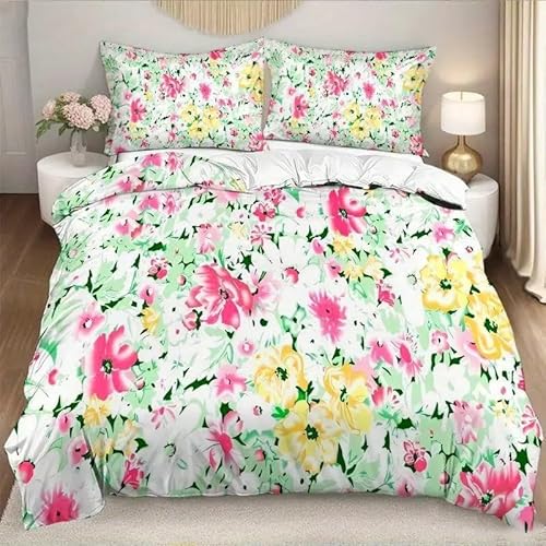 EXSANLIEAY Bunte Blumen Bettwäsche-Sets 135x200 cm Frisch Und Romantisch Bettbezug Kreatives 3D Effekt Weich Microfaser Deckenbezug mit Reißverschluss und 2 Kissenbezug 80x80 cm von EXSANLIEAY