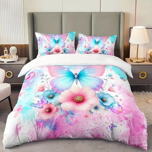 EXSANLIEAY Elegant Und Warm Bettwäsche-Sets 135x200 cm Bunter Schmetterling Und Blumen Bettbezug Kreatives 3D Effekt Weich Microfaser Deckenbezug mit Reißverschluss und 2 Kissenbezug 80x80 cm von EXSANLIEAY