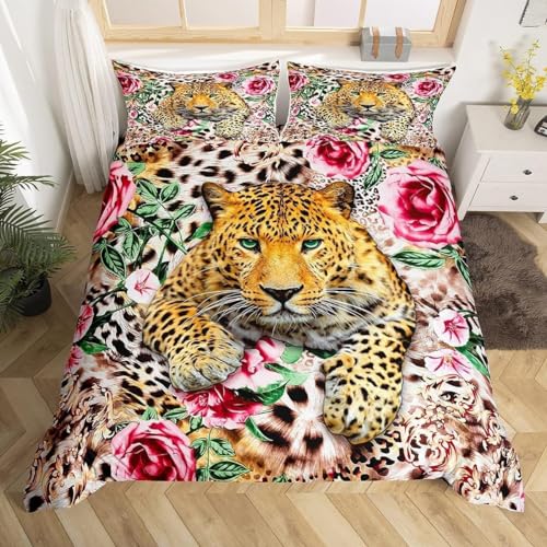 EXSANLIEAY Leopard Bettwäsche 135x200 Rose Bettbezug 3 Teilig Set mit 2 Kissenbezug 80x80 cm, Weich Mikrofaser Bettwäsche-Sets mit ReißVerschluss von EXSANLIEAY