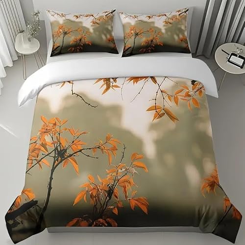 EXSANLIEAY Orange Und Gelbe BläTter Bettwäsche-Sets 155x220 cm Pflanzen Bettbezug Kreatives 3D Effekt Weich Microfaser Deckenbezug mit Reißverschluss und 2 Kissenbezug 80x80 cm von EXSANLIEAY