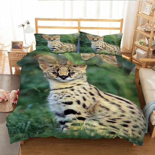 EXSANLIEAY Seltene Tiere Bettwäsche 135x200 Serval Katze Bettbezug 3 Teilig Set mit 2 Kissenbezug 80x80 cm, Weich Mikrofaser Bettwäsche-Sets mit ReißVerschluss von EXSANLIEAY