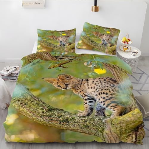 EXSANLIEAY Serval Katze BettwäSche 135x200 Katze BettwäSche-Sets füR Jeden, Bettbezug Wende Microfaser mit Reißverschluss - 1 Bettbezügen & 2 Kissenbezügen 80x80, Weich & Bügelfrei von EXSANLIEAY
